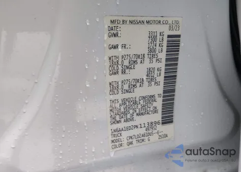 2023 Nissan Titan Pro-4X 4X4 z USA, uszkodzony, nr VIN 1N6AA1ED2PN113896